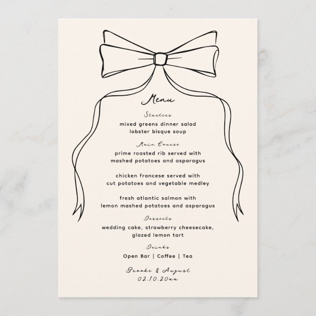 Black Bow Hand Drawn Wedding Menu (Front)
