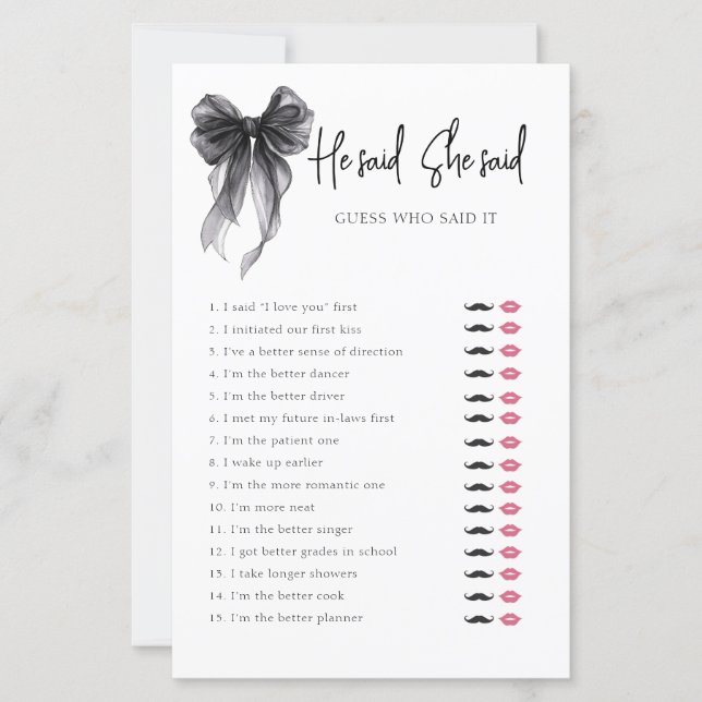 Black Bow He Said She Said Bridal Shower Game (Front)