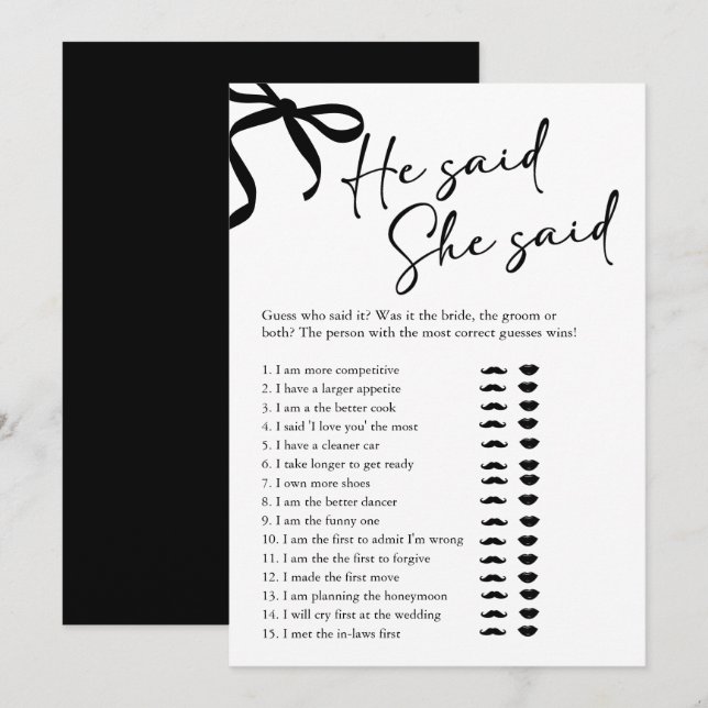 Black Bow He Said She Said Bridal Shower Game Invitation (Front/Back)