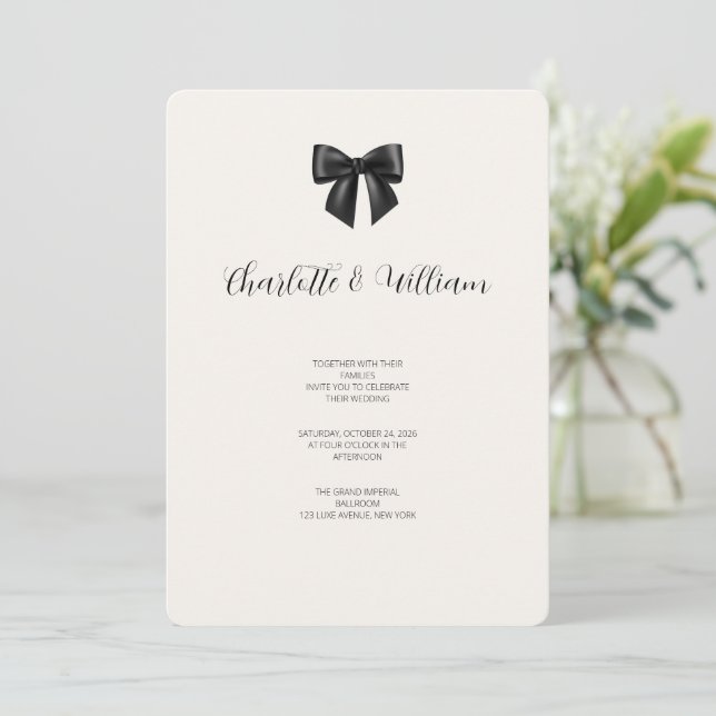 Black Bow Minimalist Wedding Invitation (Standing Front)