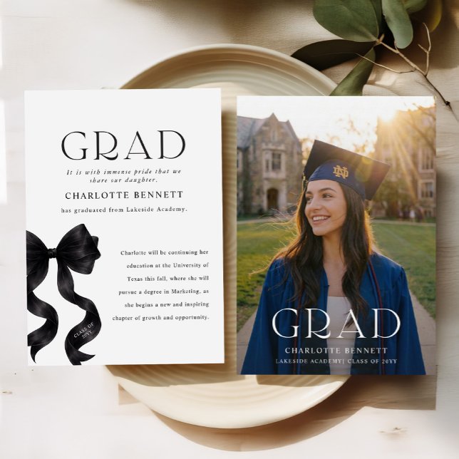 Black Bow Modern Grad Photo Graduation Announcement (Creator Uploaded)