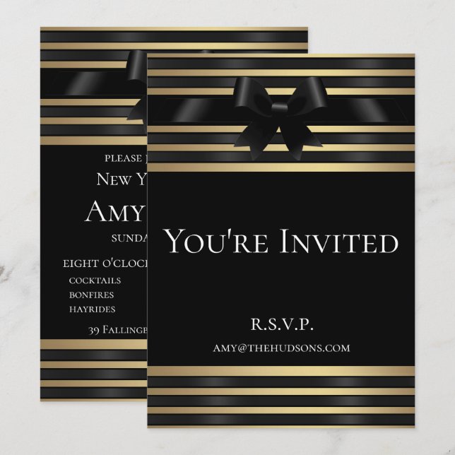 Black Bow Museum Gold Stripes Formal Invitation (Front/Back)