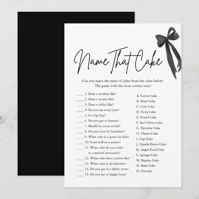 Black Bow Name That Cake Bridal Shower Game Invitation (Front/Back)