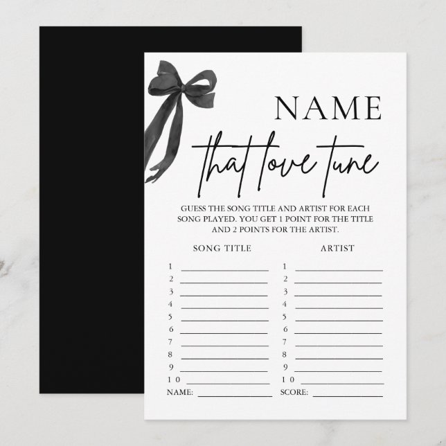 Black Bow Name That Love Tune Bridal Shower Game Invitation (Front/Back)