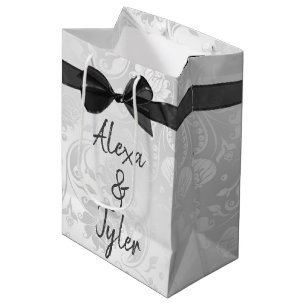 Black Bow On Wedding White Damask Medium Gift Bag
