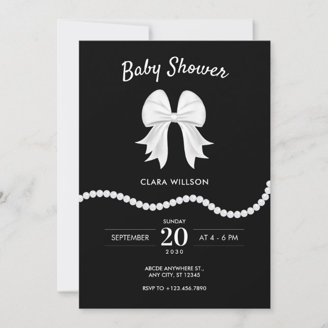 Black bow pearl baby shower invitation (Front)