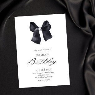 Black bow pearl birthday invitation
