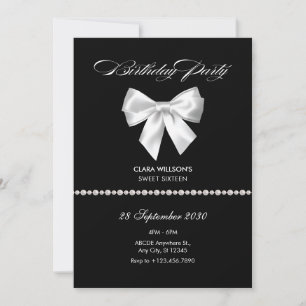 Black bow pearl birthday  invitation