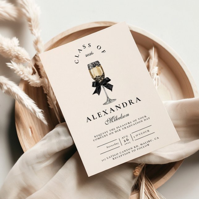 Black Bow Pearl Champagne Graduation Invitation (Creator Uploaded)