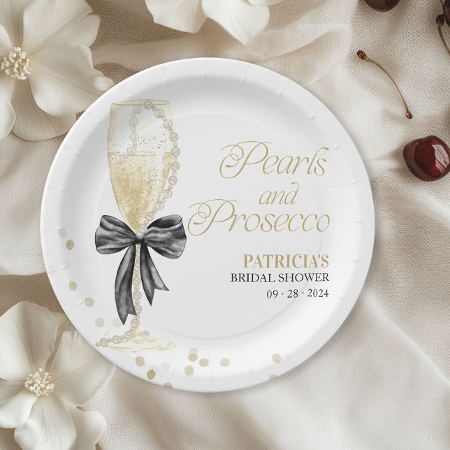 Black Bow Pearls And Prosecco Bridal Shower Paper Plate (Creator Uploaded)