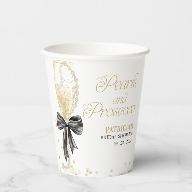 Black Bow Pearls & Prosecco Bridal Shower Paper Cups (Front)