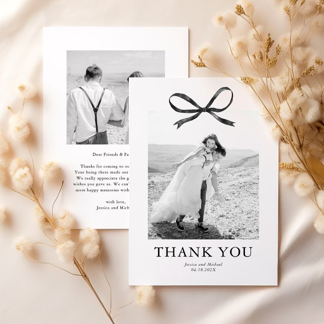 Black Bow Photo Wedding Thank You Card (Creator Uploaded)