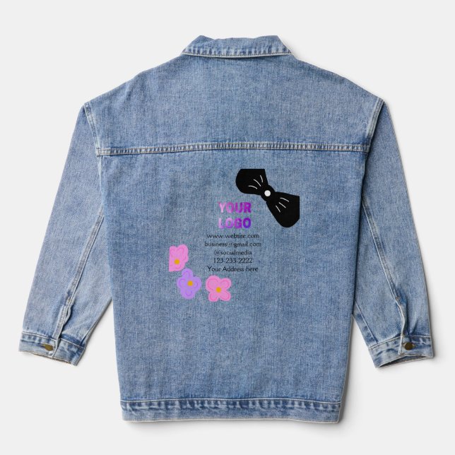 Black bow pink purple floral add logo biz details  denim jacket (Back)