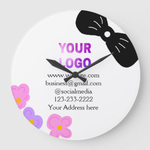 Black bow pink purple floral add logo biz details large clock