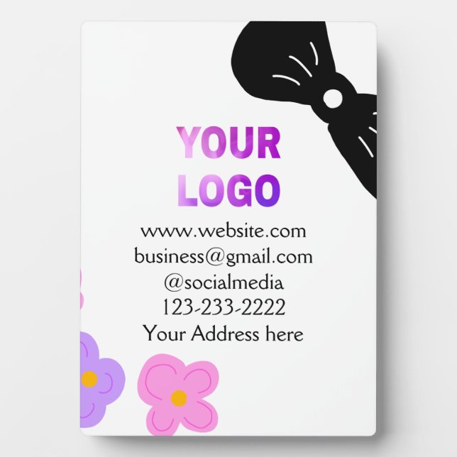 Black bow pink purple floral add logo biz details  plaque (Front)