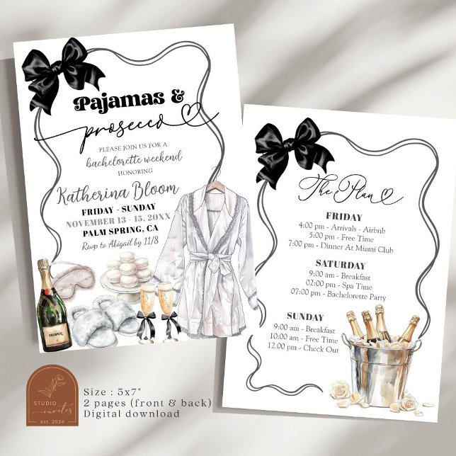 Black Bow Pyjamas Prosecco Bachelorette Weekend Invitation (Creator Uploaded)