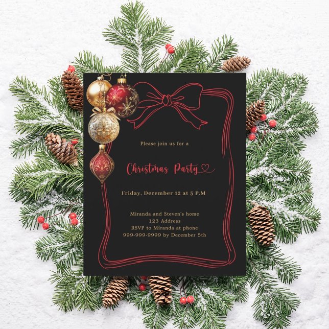 Black bow red baubles Christmas Party invitation (Creator Uploaded)