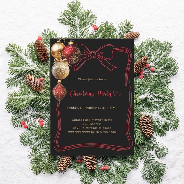 Black bow red gold baubles Christmas Party Invitation (Creator Uploaded)