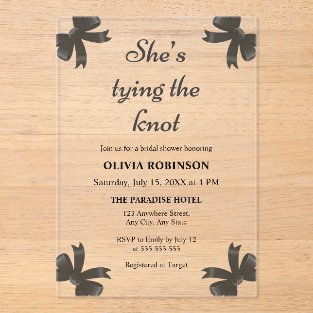 Black Bow She's Tying the Knot Bridal Shower  Acrylic Invitations (Front)