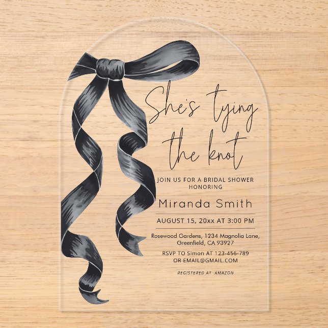 Black Bow She's Tying The Knot Bridal Shower  Acrylic Invitations (Front)