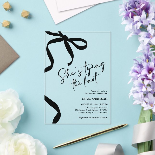 Black Bow She's Tying the Knot Bridal Shower Acrylic Invitations (Insitu (Wedding))