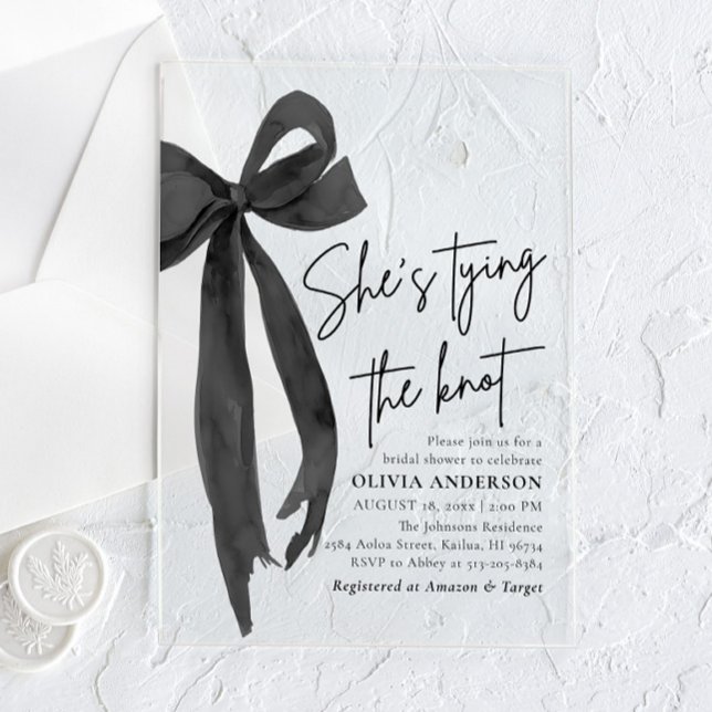 Black Bow She's Tying the Knot Bridal Shower Acrylic Invitations (Creator Uploaded)