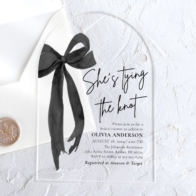 Black Bow She's Tying the Knot Bridal Shower Acrylic Invitations (Creator Uploaded)