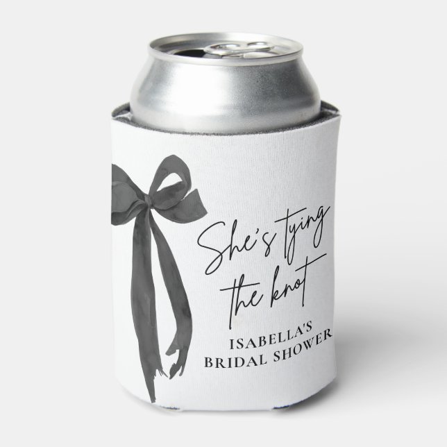 Black Bow She's Tying the Knot Bridal Shower Can Cooler (Can Front)
