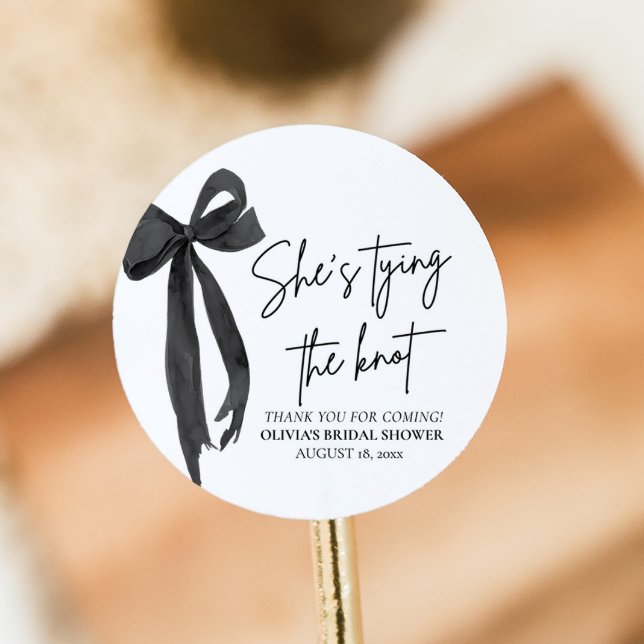Black Bow She's Tying the Knot Bridal Shower Classic Round Sticker (Creator Uploaded)