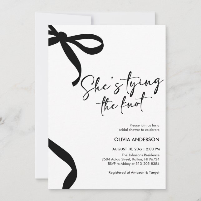 Black Bow She's Tying the Knot Bridal Shower Invitation (Front)