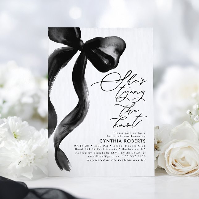 Black Bow She's Tying the Knot Bridal Shower Invitation (Black Ribbon Bow Bridal Shower Invitation)