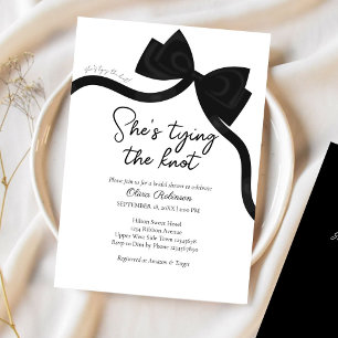 Black bow she's tying the knot bridal shower invitation