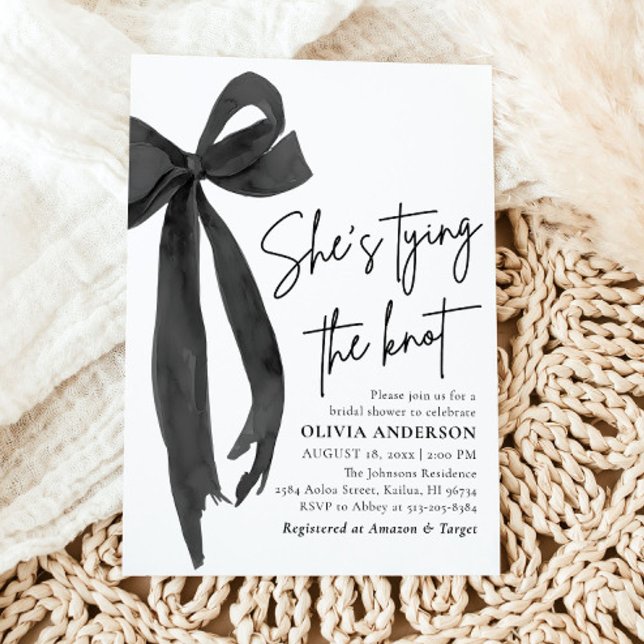 Black Bow She's Tying the Knot Bridal Shower Invitation (Watercolor Modern Cute Black Bow Ribbon Coquette She's Tying the Knot Bridal Shower Invitation)