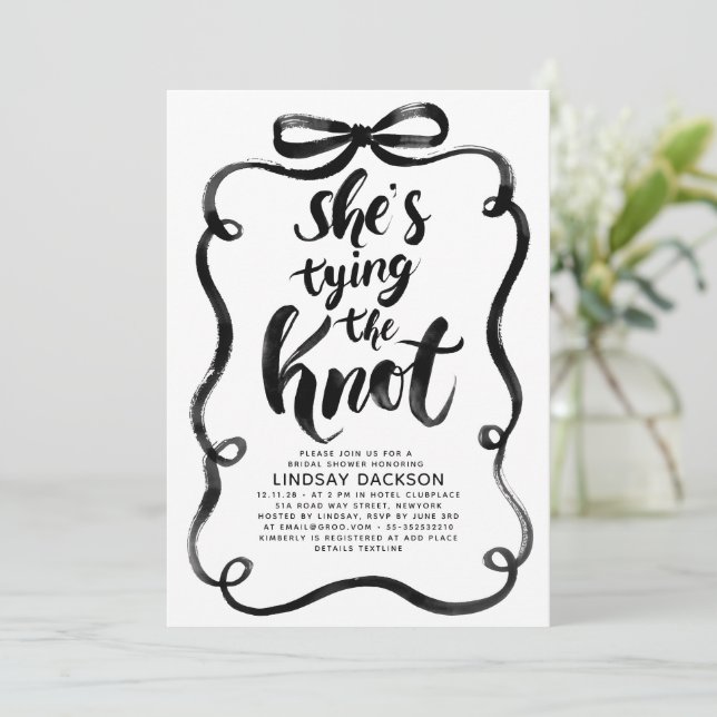 Black Bow She's Tying The Knot Bridal Shower Invitation (Standing Front)