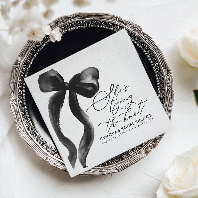 Black Bow She's Tying the Knot Bridal Shower Napkin (She's tying the Knot Black Bow Ribbon Bridal Shower Napkins)