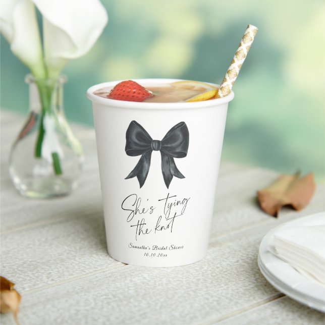 Black Bow She's tying the knot Bridal Shower Paper Cups (Insitu)
