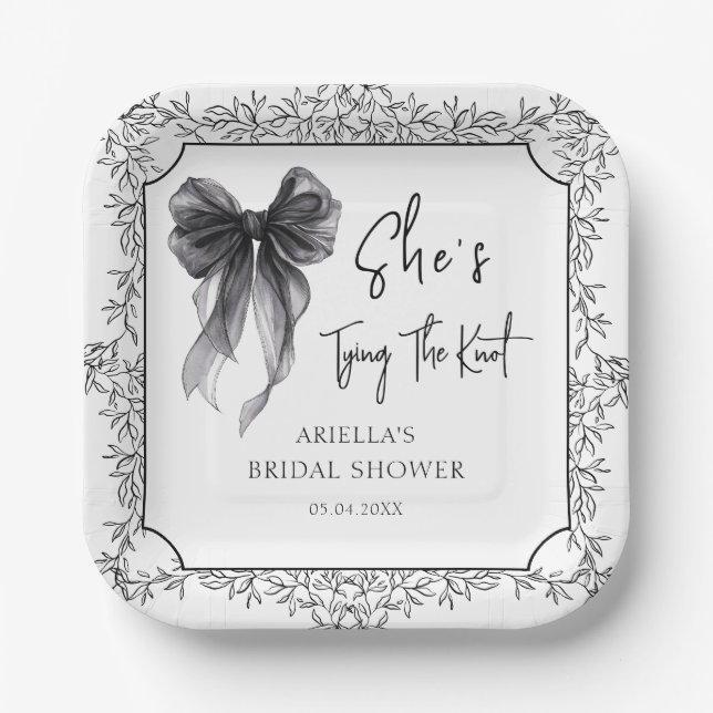 Black Bow She's Tying The Knot Bridal Shower Paper Plate (Front)