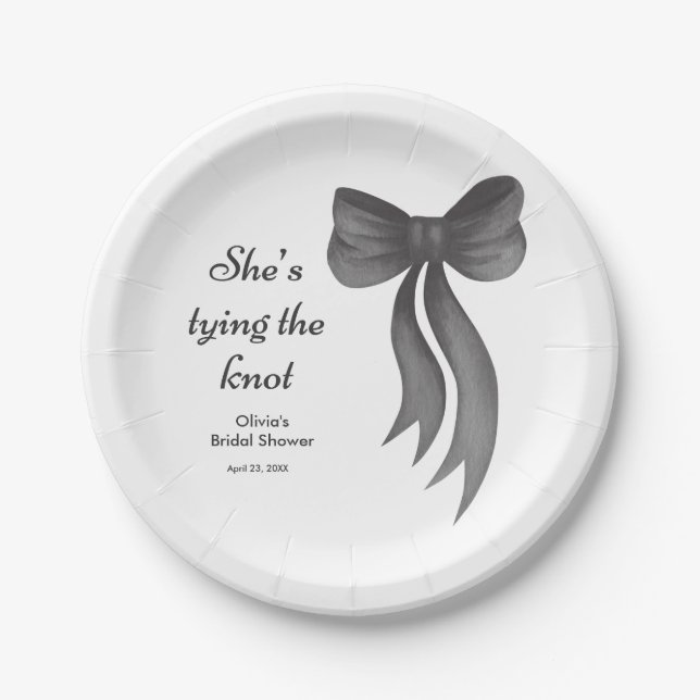 Black Bow She's Tying the Knot Bridal Shower  Paper Plate (Front)