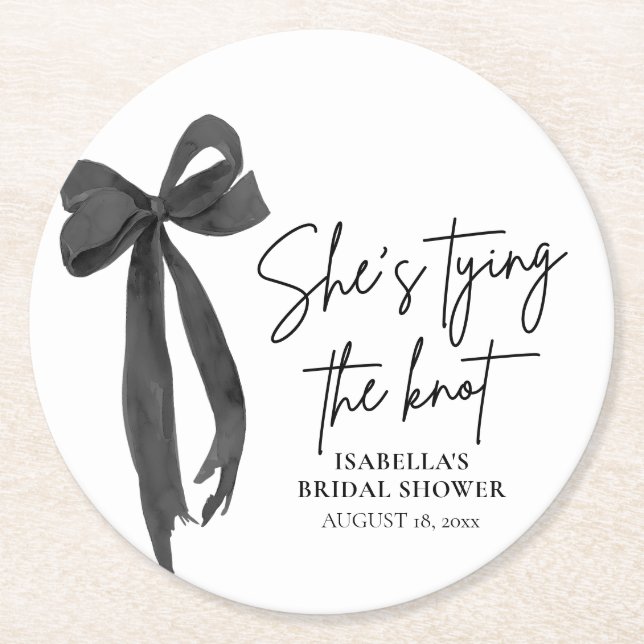 Black Bow She's Tying the Knot Bridal Shower Round Paper Coaster (Front)