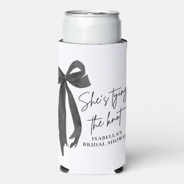 Black Bow She's Tying the Knot Bridal Shower Seltzer Can Cooler (Seltzer Front)