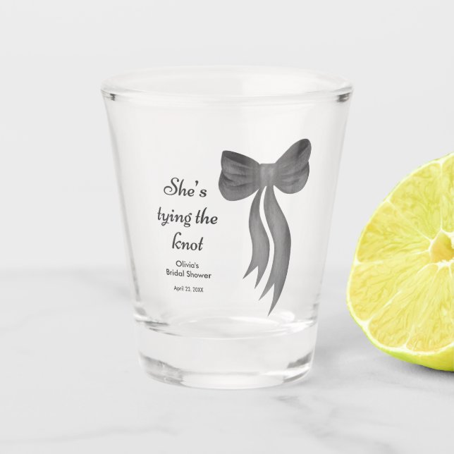 Black Bow She's Tying the Knot Bridal Shower  Shot Glass (Front)