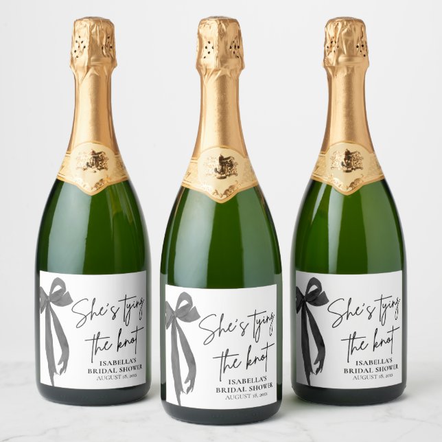 Black Bow She's Tying the Knot Bridal Shower  Sparkling Wine Label (Bottles)