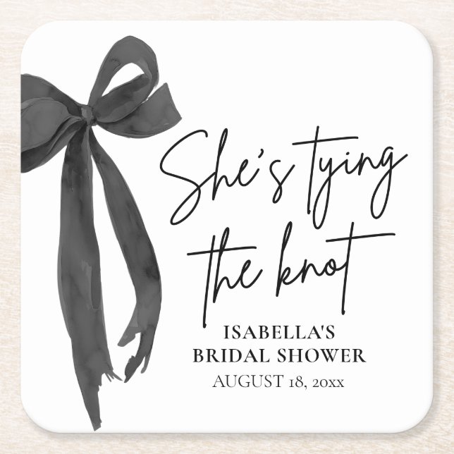 Black Bow She's Tying the Knot Bridal Shower Square Paper Coaster (Front)