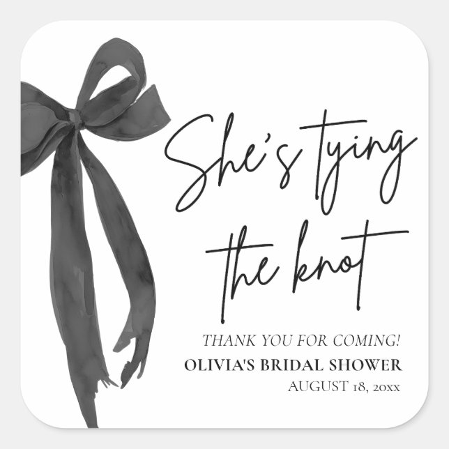 Black Bow She's Tying the Knot Bridal Shower Square Sticker (Front)