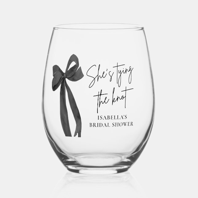 Black Bow She's Tying the Knot Bridal Shower Stemless Wine Glass (Front)