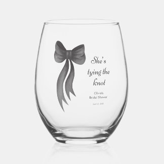 Black Bow She's Tying the Knot Bridal Shower Stemless Wine Glass