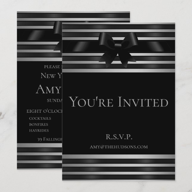 Black Bow Silver Stripes New Year's Eve Invitation (Front/Back)