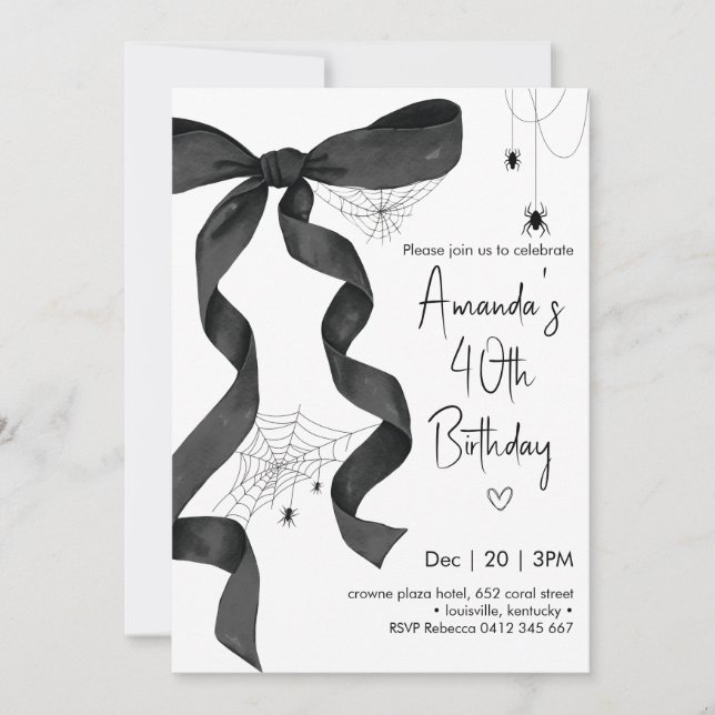 Black Bow Spider Web Coquette Halloween Birthday  Invitation (Front)