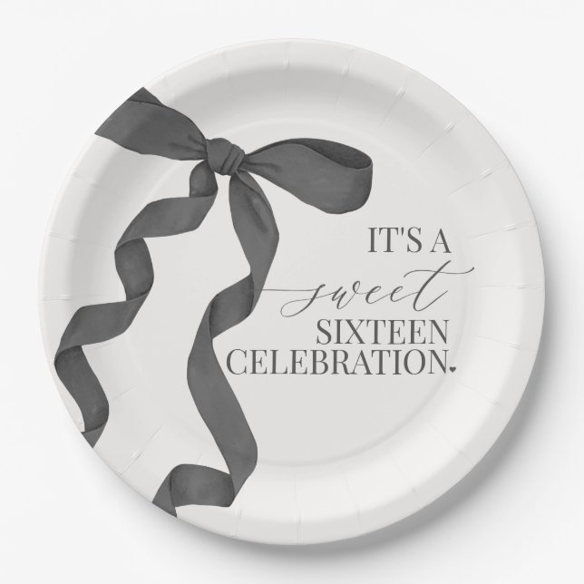 Black Bow Sweet Sixteen Birthday Party Decor Paper Plate (Front)