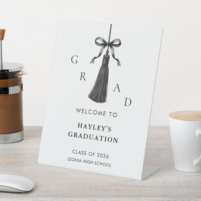Black Bow Tassel Graduation Party Welcome Pedestal Sign (In SItu)